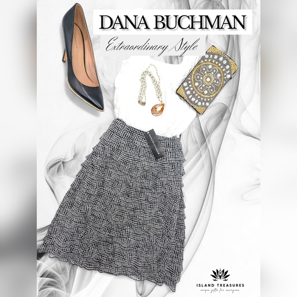 NWT Dana Buchman Silk Skirt Black&White Ruffled Size 10 Lined Flowy Side Zipper - Picture 1 of 15